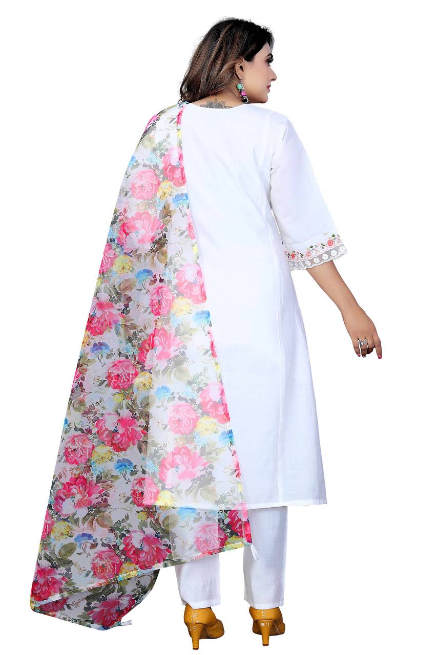 Women's Chanderi Silk Embroidered Work Stitched White Kurta Set With Georgette Multicolor Dupatta