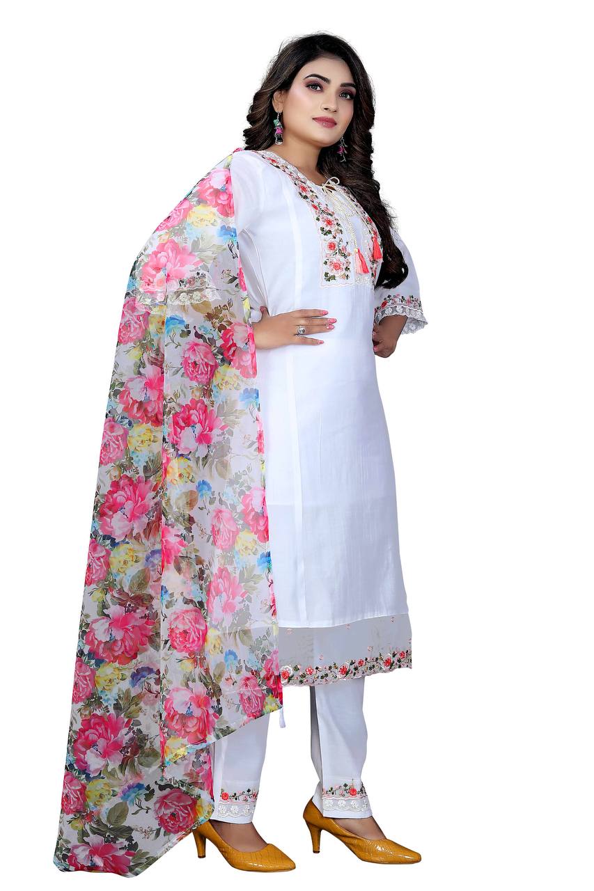 Women's Chanderi Silk Embroidered Work Stitched White Kurta Set With Georgette Multicolor Dupatta