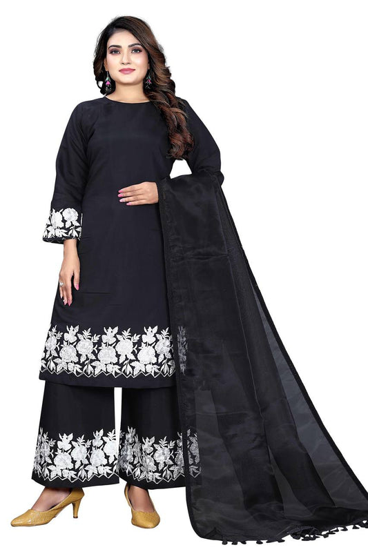 Women's Silk Embroidered Work Stitched Black Kurta Set With Silk Blend Black Dupatta