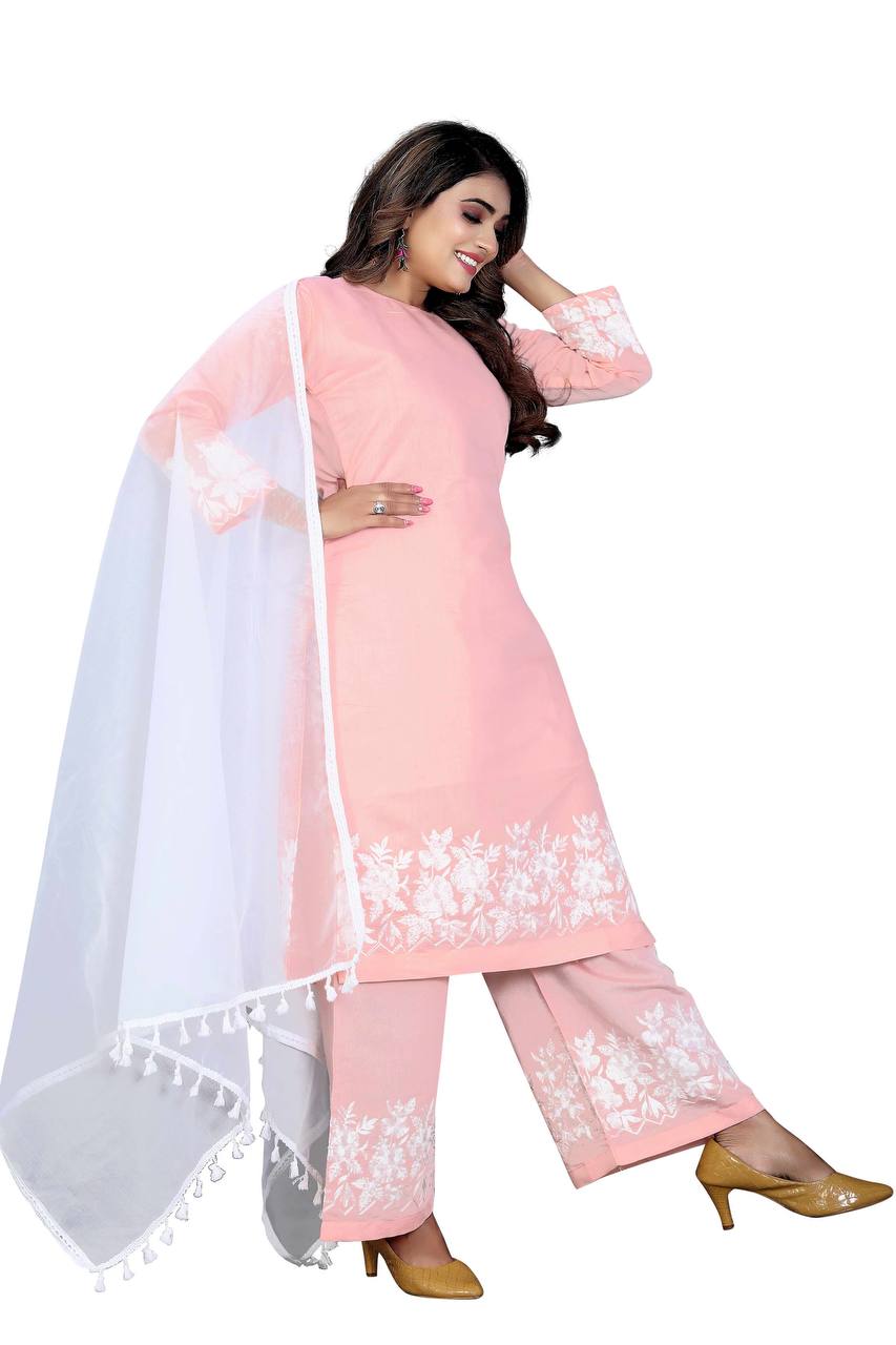 Women's Silk Embroidered Work Stitched Pink Kurta Set With Silk Blend White Dupatta