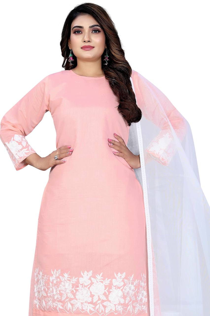 Women's Silk Embroidered Work Stitched Pink Kurta Set With Silk Blend White Dupatta