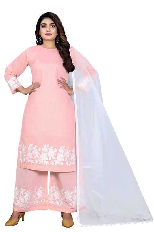 Women's Silk Embroidered Work Stitched Pink Kurta Set With Silk Blend White Dupatta