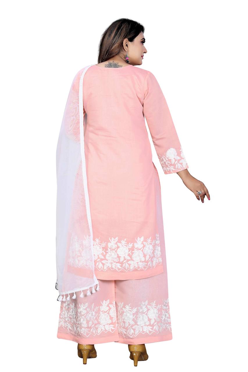 Women's Silk Embroidered Work Stitched Pink Kurta Set With Silk Blend White Dupatta