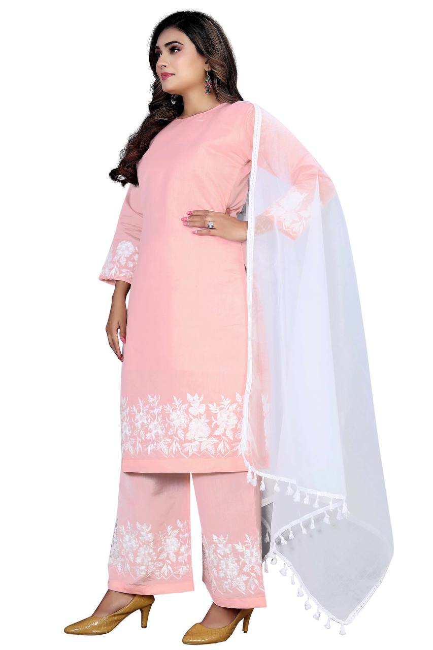 Women's Silk Embroidered Work Stitched Pink Kurta Set With Silk Blend White Dupatta